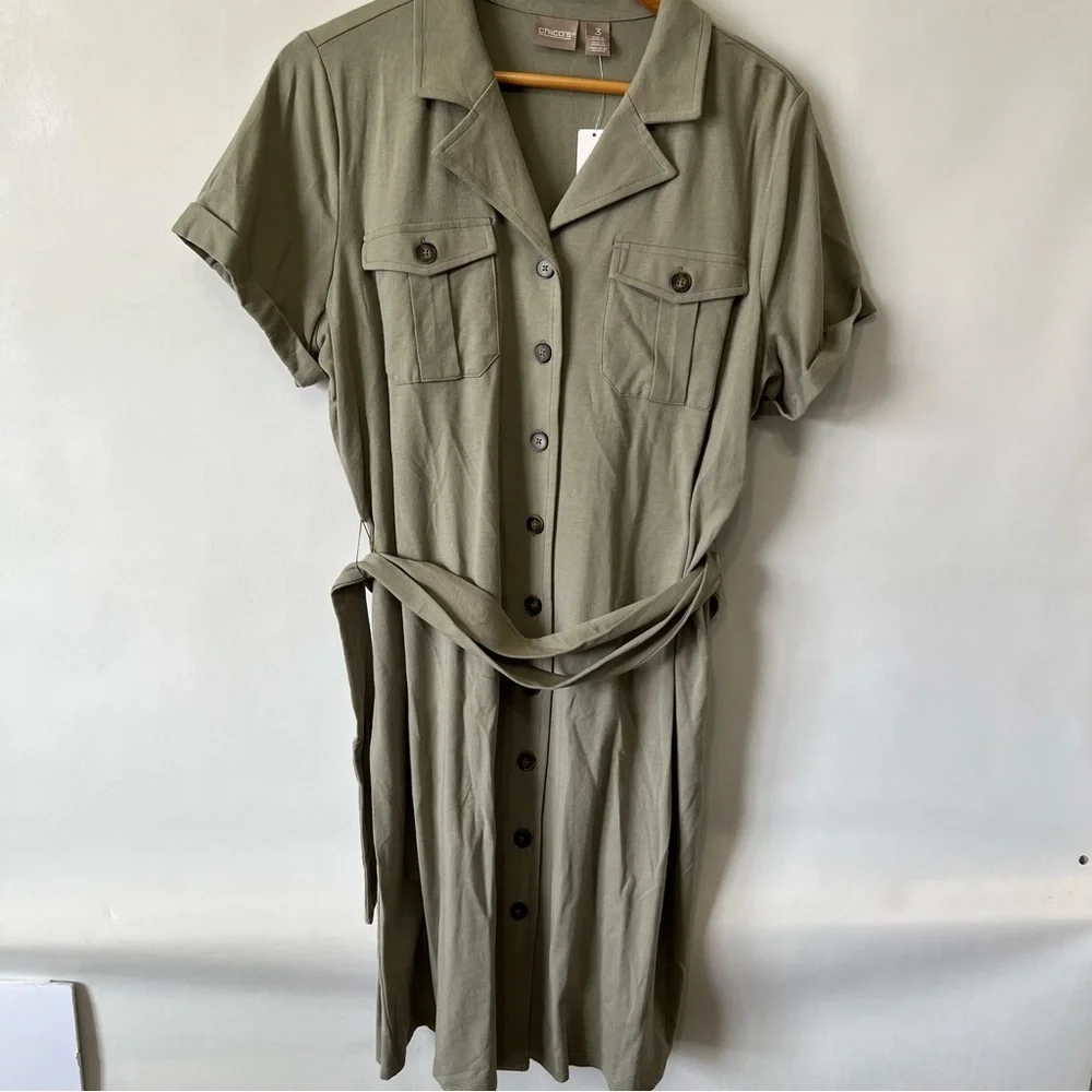 Chico’s Green Safari Shirt Dress NWT